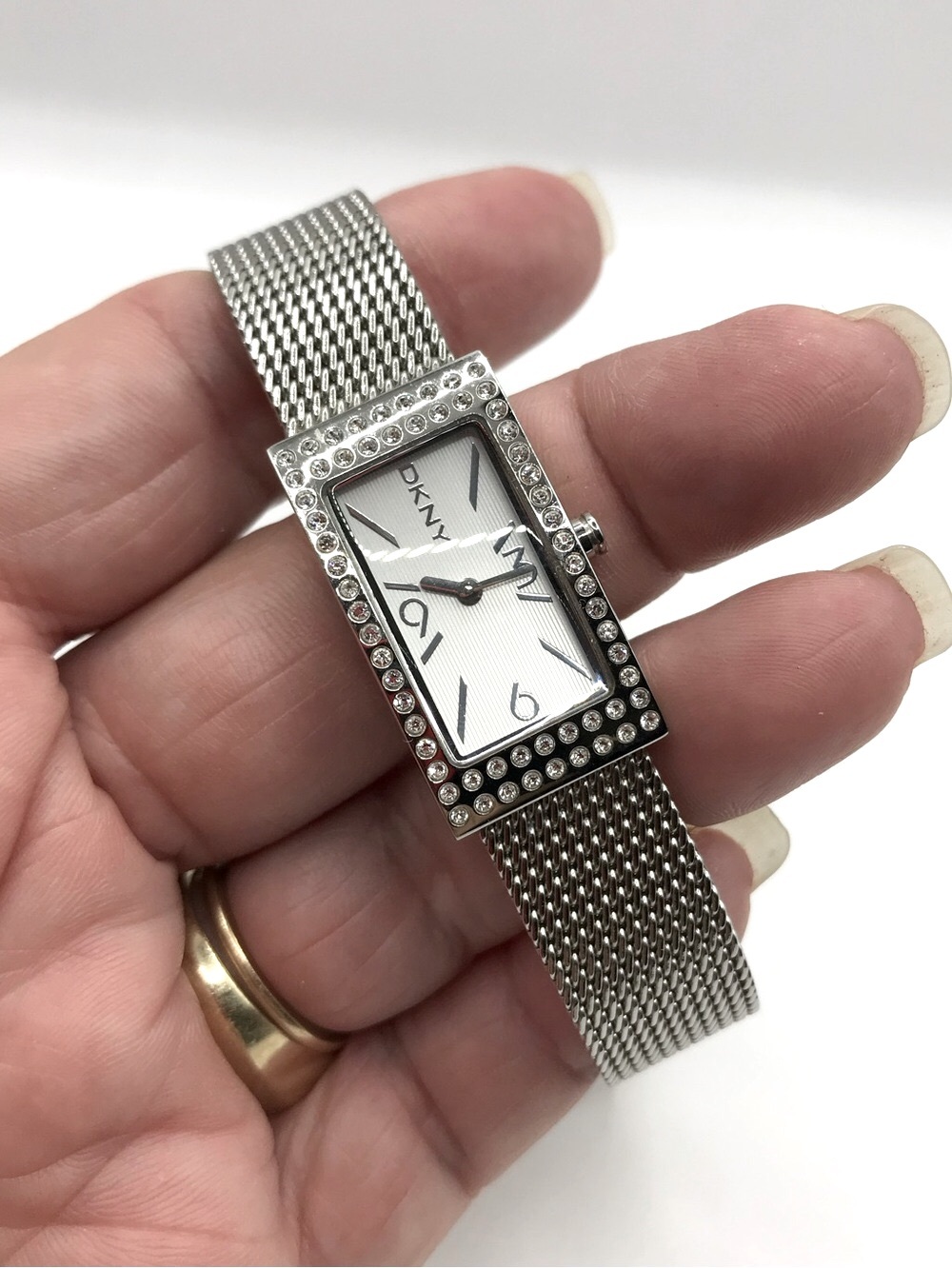 DKNY Silver Rectangular Mesh Bracelet Watch with Crystal Bezel